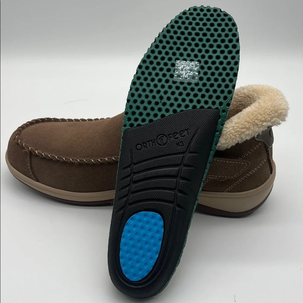 Orthofeet Lorin Womens Brown Suede Slip-On Slippers Faux Fur Lining Size 8.5